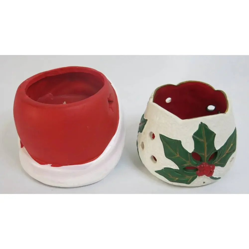 CHRISTMAS 2 Holiday Candle Holders Snowman Holly Berry Votive Winter Candles